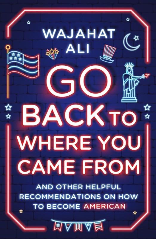 Neon-like text, lines and American themed motifs, over a dark background