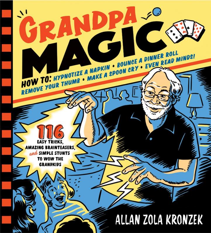 Cartoon comic-style drawing of a grandparent with lightning coming from their fingertips, performing for awestruck grandchildren 