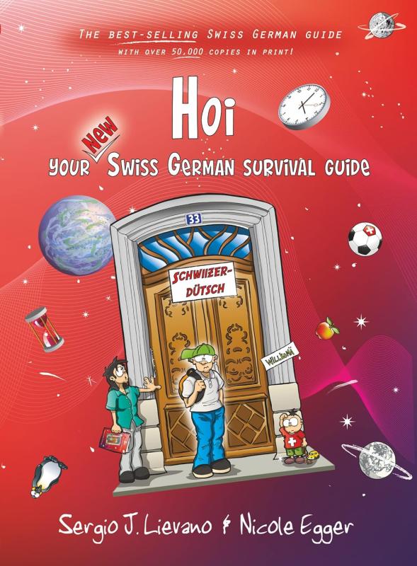 Book cover featuring red and purple gradient background with cartoons depicting various objects and a doorway labeled with Swiss German language. 