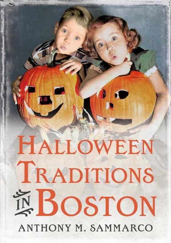 Two kids holding Jack-o-lanterns with a distressed look or filter added to the image