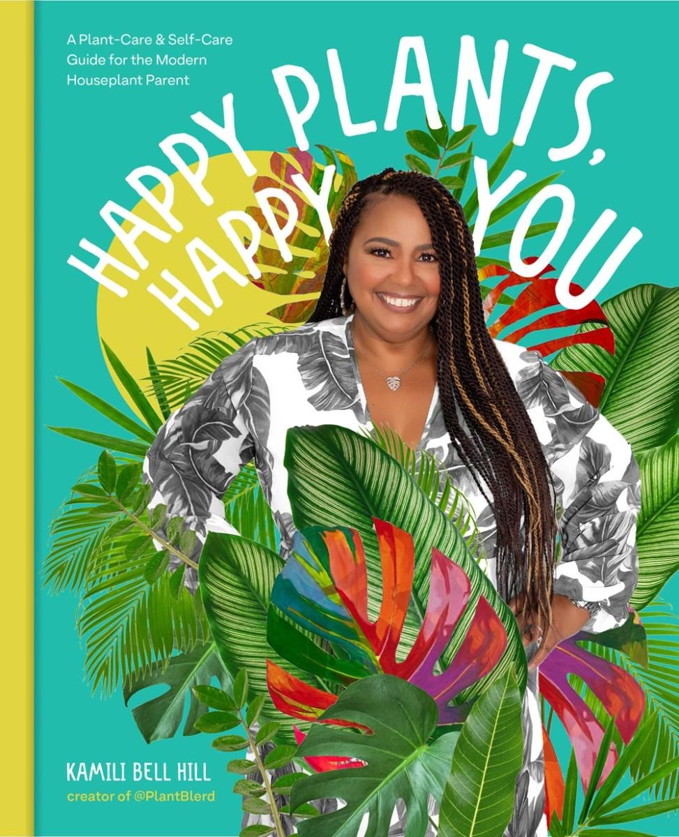 person smiling surrounded by different kinds of foliage, over a solid green with yellow background