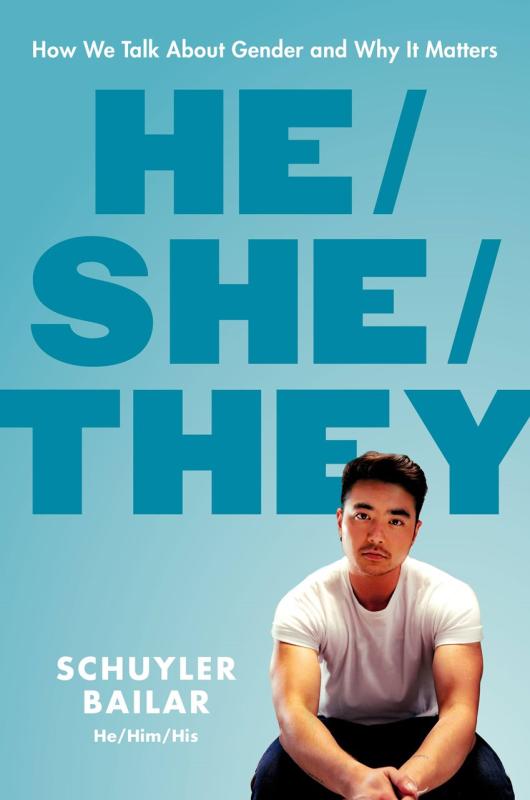 person sitting in the bottom right corner with pronoun text, including the author's under the byline