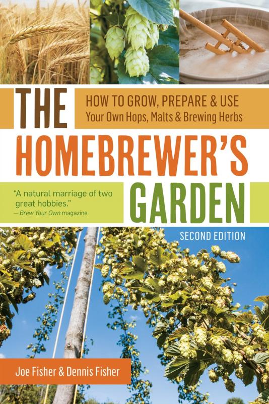 hops, barley, pot, and hops on trellises.