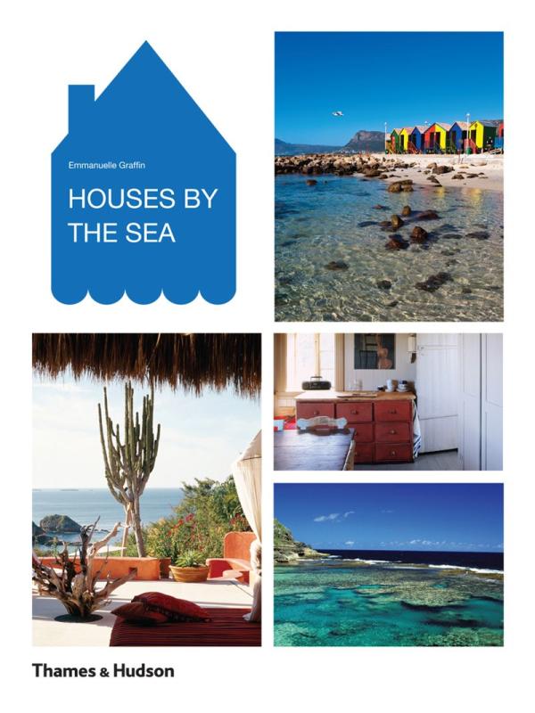 three photos of houses by the sea with a blue house motif in one quadrant