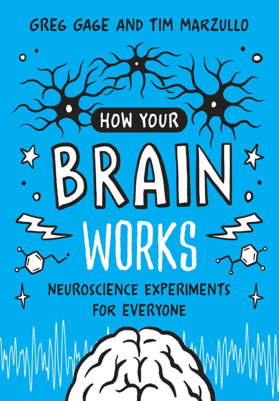 blue background with a central brain figure at the foot, around which are brain wavelengths, above which is the info text surrounded by molecules, lightining bolts, and dendrite neuron-like shapes