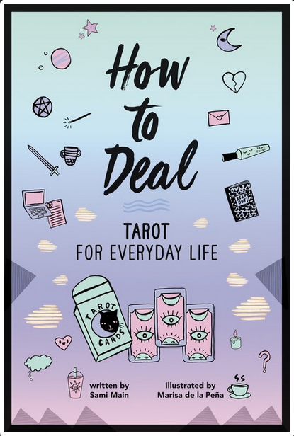 Pastel gradient cover from blue to pink with small doodles of tarot themed objects. Text is black.