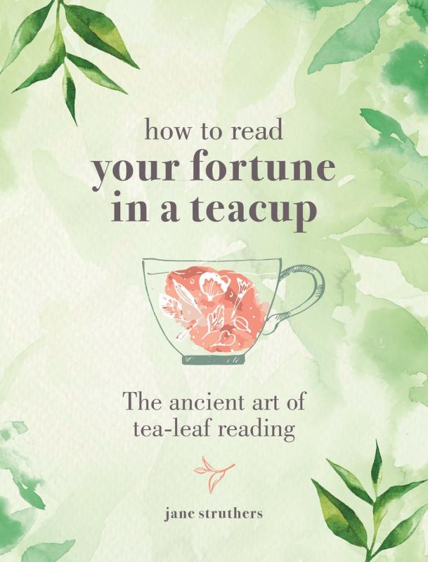Line art of a a teacup with a handle on the right with herbals inside of it with watercolor leaves and mottled green background