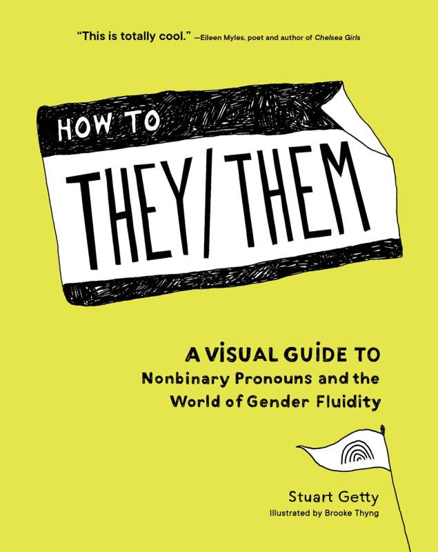 Yellow background with name label with they/them pronouns, a little flag with arches in the corner