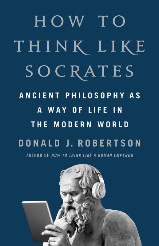 Grecian statue of Socrates holding a book and wearing headphones