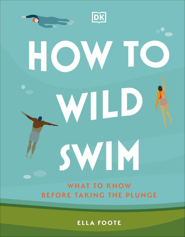 Top-down view cartoon image of three people swimming in the water next to the shore 