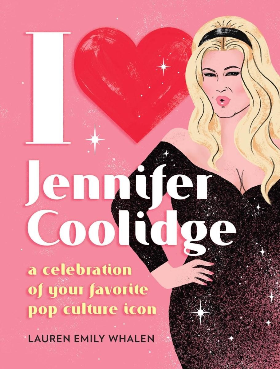 Jennifer Coolidge in a sparkling black dress next to a heart over a pink background