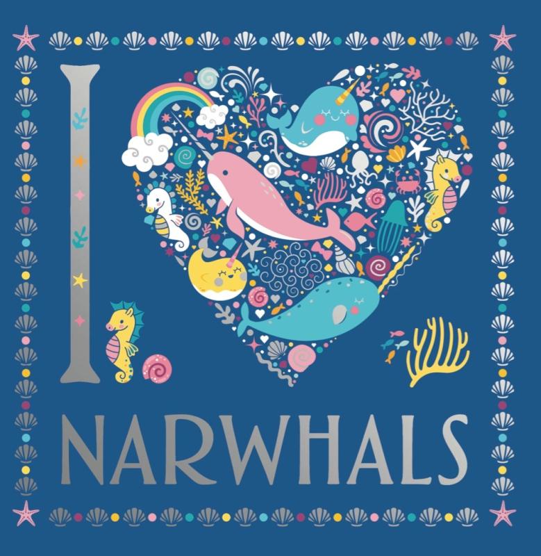 seashell border over blue with a heart containing narwhals