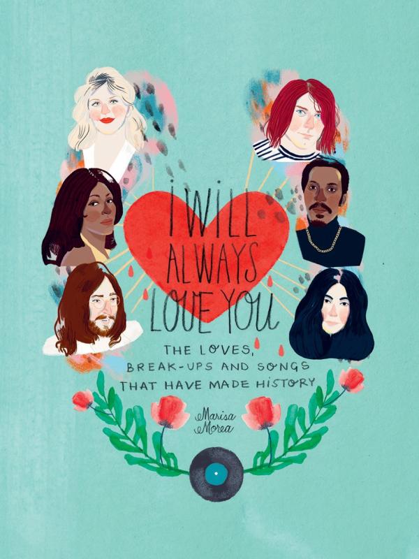 Heart with six portraits around it, over a rosy wreath over a background of seafoam green