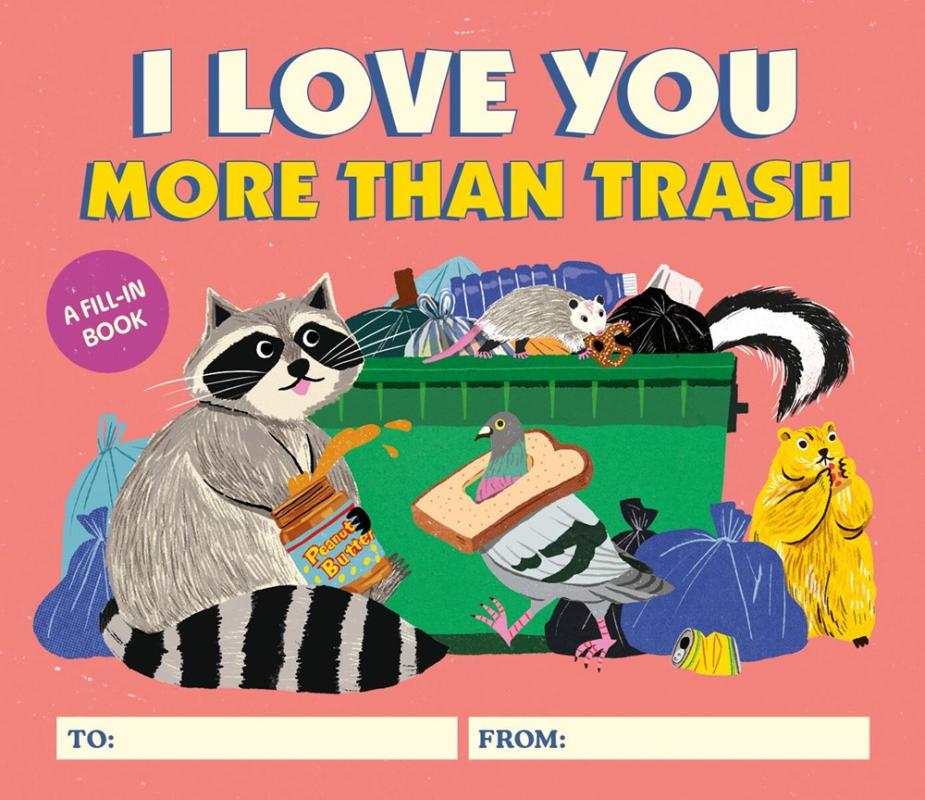 Pink book cover featuring cute illustration of animals digging in a dumpster.