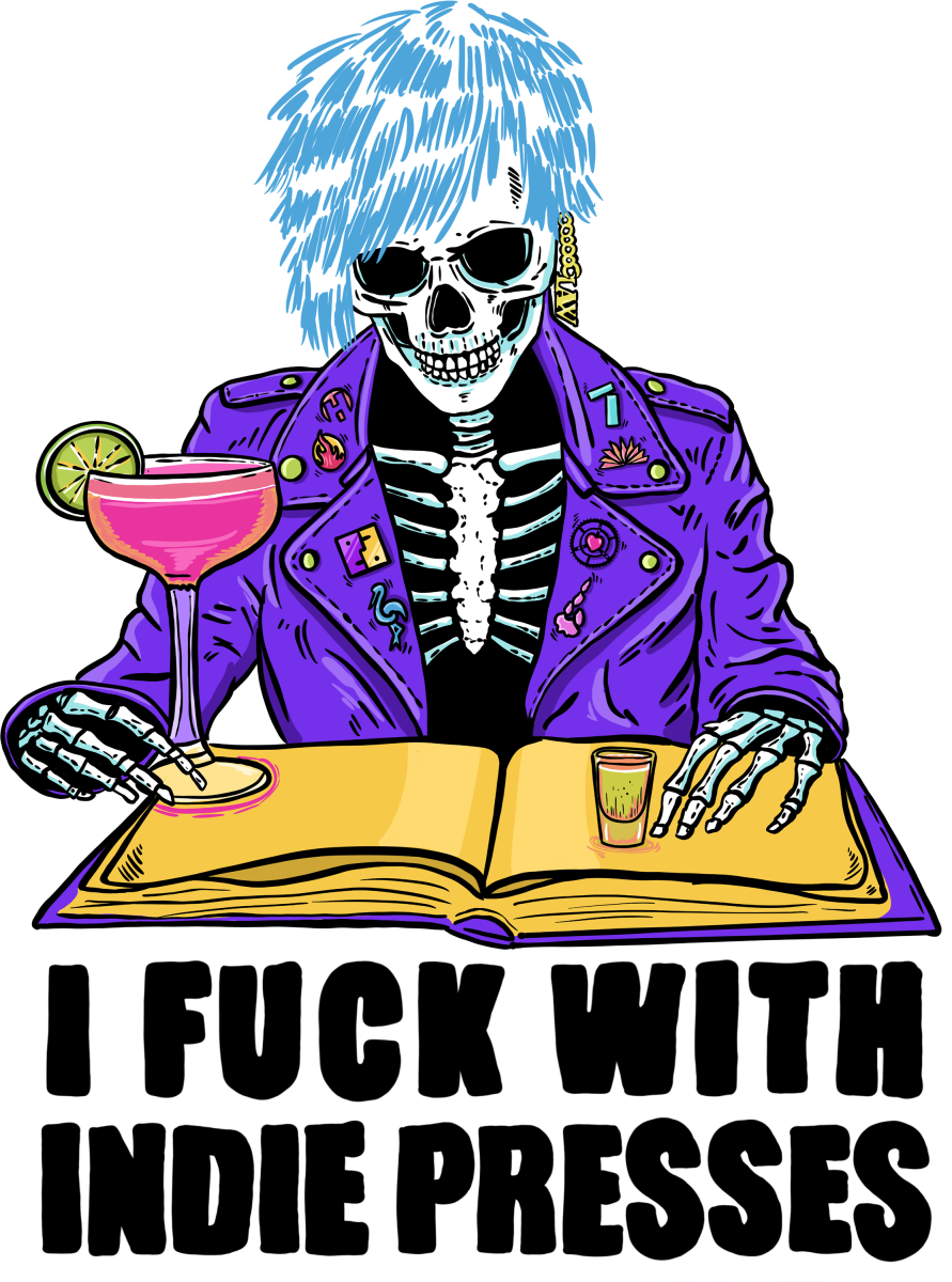 Illustration of a skeleton in a purple jacket adorned with pins of different publishers' logos.