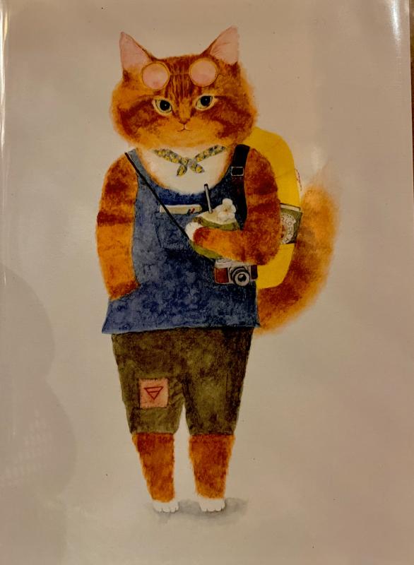 a watercolor orange cat in overalls, holding a drink