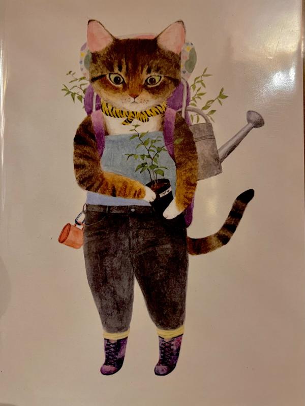 a tabby cat with a watering can and a few seedlings