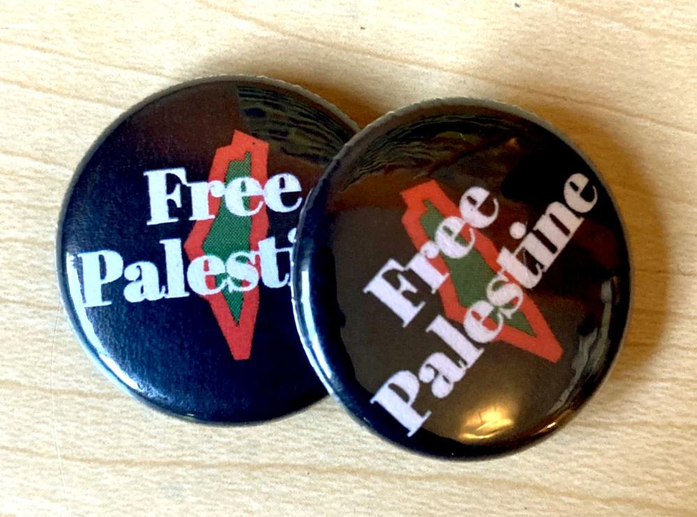 two pins with the outline of Palestine and the title text superimposed