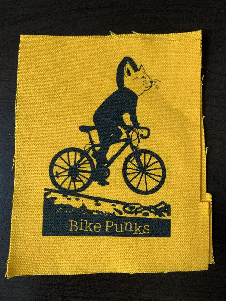 a cat wearing black a hoodie riding bike with the text "bike punks"