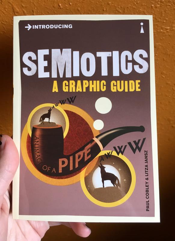 Book cover titled Introducing Semiotics. The cover is in shades of brown, with a smoking pipe labeled "an image of a pipe," surrounded by howling wolves.