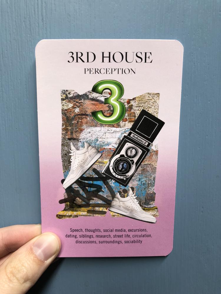 3rd House card, with a wall of graffiti, white sneakers, and a music speaker. 