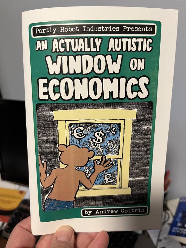 an illustration of a figure somewhat resembling a monkey looking out a window with various economic symbols swirling around outside