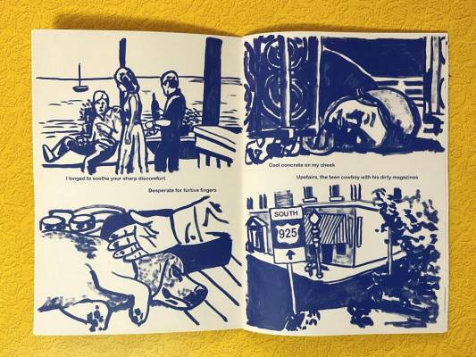 people, pup, sitting on a pier, a street, and person laying on it.
