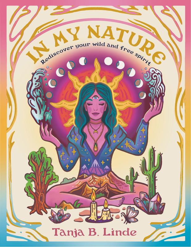 person in a locus sitting position, arms outstretched holding the stations of the moon, around nature and greenery