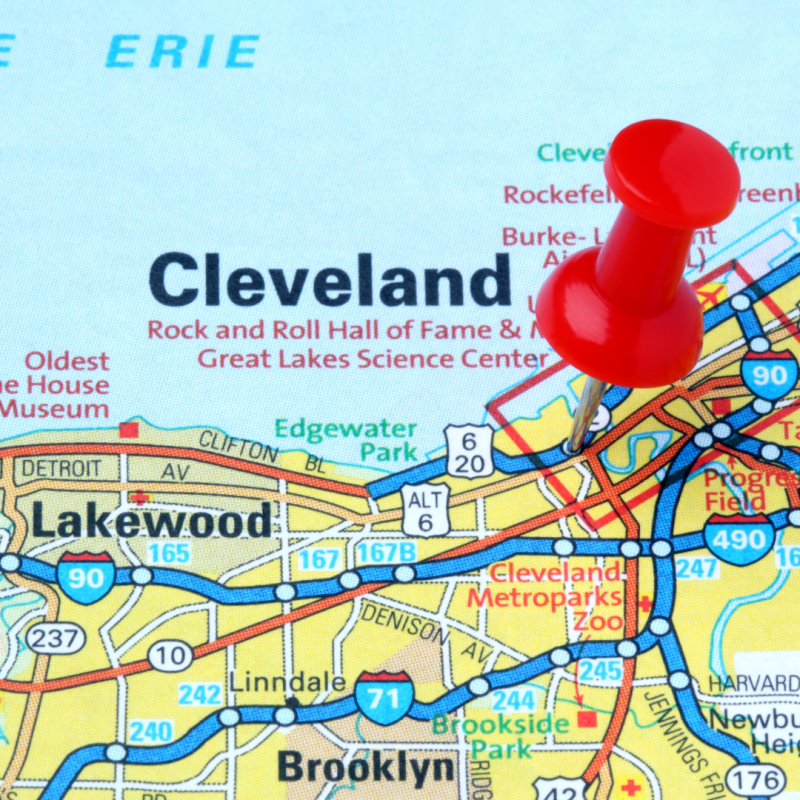 a map with a pushpin highlighting Cleveland