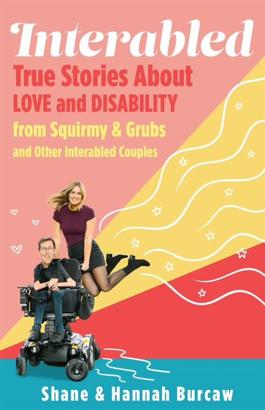 Three color flares diagonally, with two people, one in a mobility chair and the other jumping while leaning on, with hearts and other line art