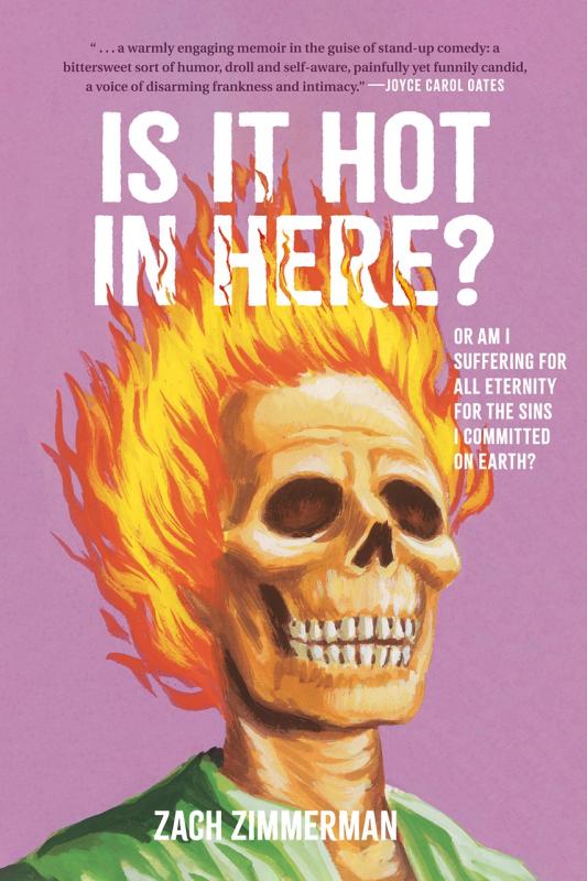 flaming blond skull over a pink background