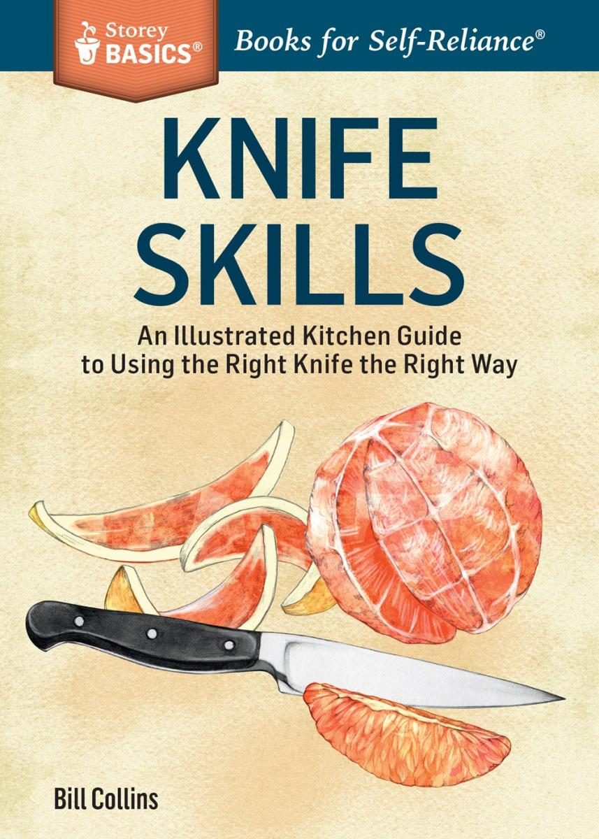 knife cutting up a citrus fruit with a mottled yellow background
