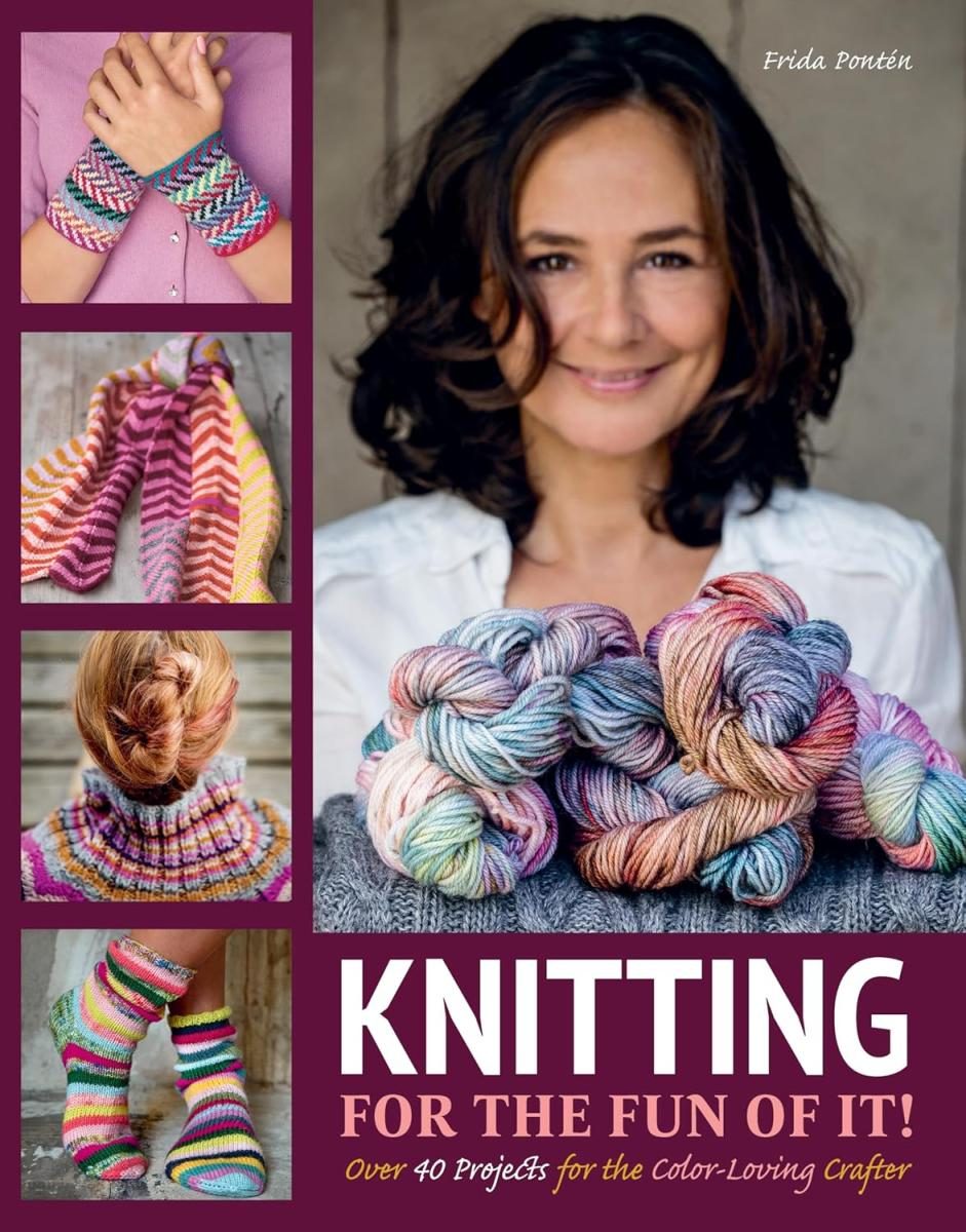 main photo of five with a person with yarn in front of her, with the rest of the photos of yarn projects