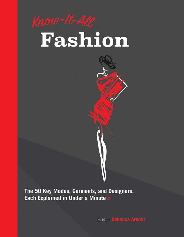 line art of fashion model in white, black, and red over a two tone black background with a red spine