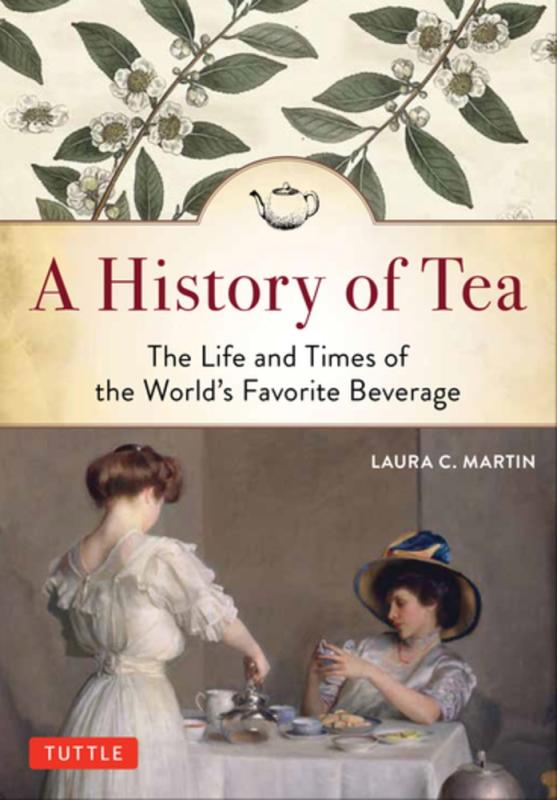 cover divided into two three sections. From the top, there is a beige background with plant motifs, a beige banner with the info text, and an antique-like image of two people having tea