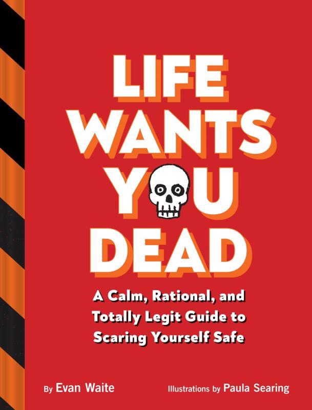 skull in the center over a red background and caution tape pattern spine