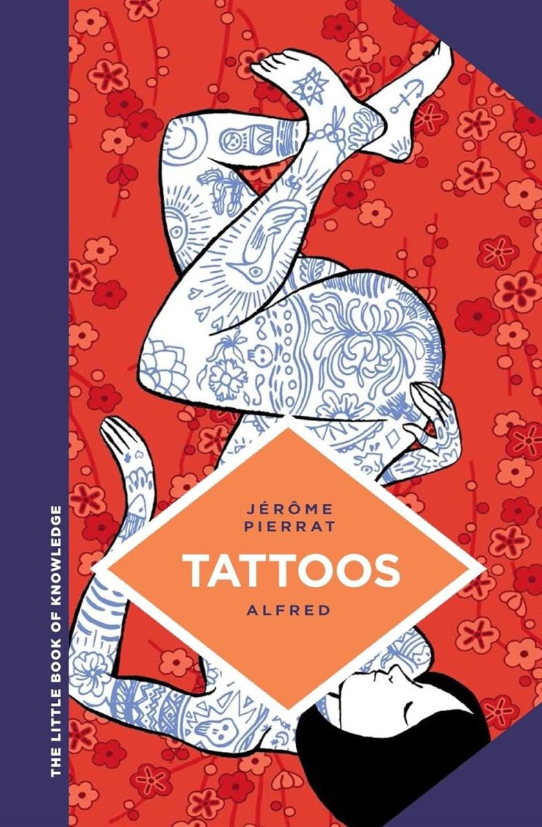 drawing of an upside down person covered in tattoos, with a flowery background