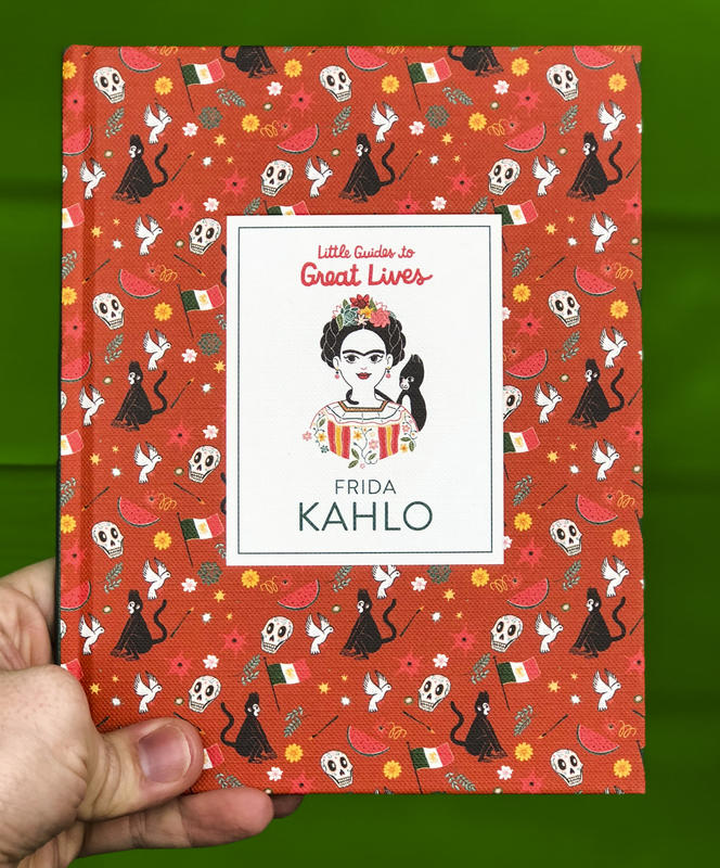 An simple, small illustration of Frida Kahlo with a background of monkeys, skulls, birds, and flags.