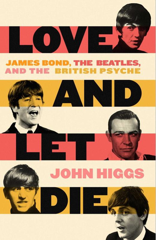 The Beatles and Bond over color strips of red, yellow, and beige