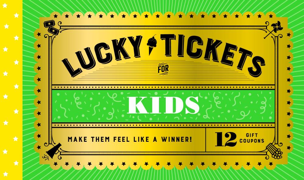 Golden and green ticket like design with a little ice cream cone symbol
