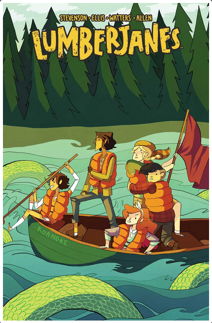 Drawing of five girls on a canoe in lake with a sea serpent.