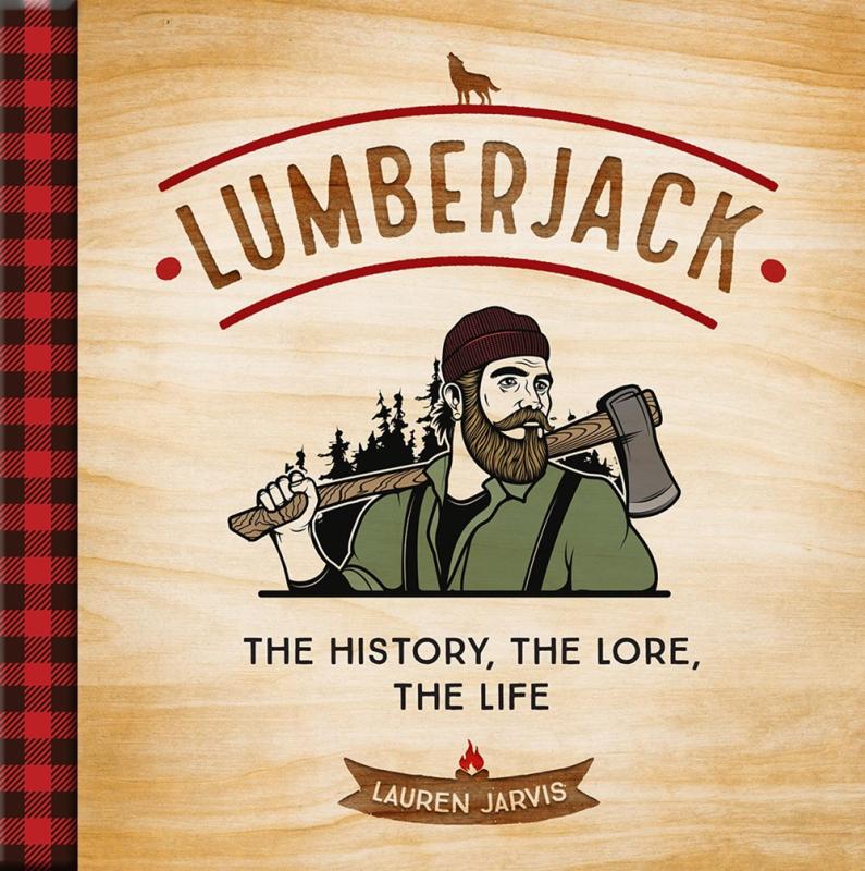 Plaid and wood patterned cover featuring an illustrated lumberjack