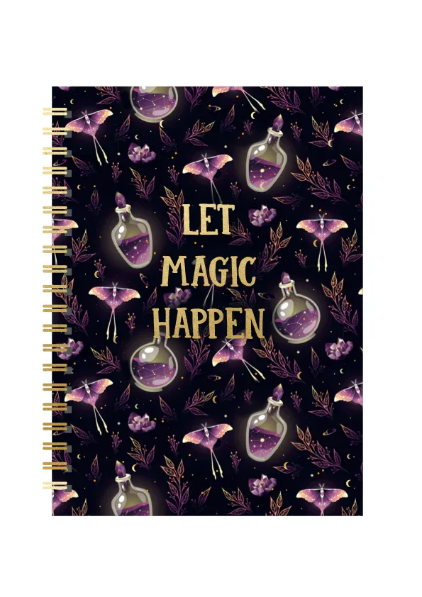 black cover with shiny potion and leaf designs over a white background