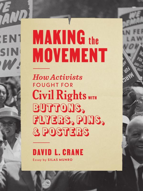 background of people marching with the center block as a skeuomorphism of a poster with the title text