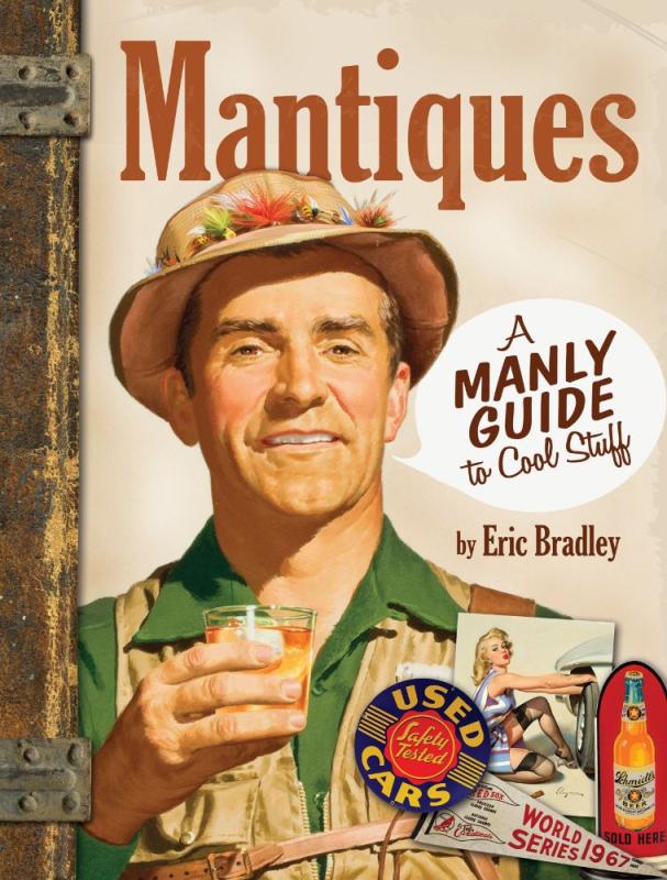 man holds a cup, painted in an old-timey manner, with a banner, button, photo, and bottle in the right hand bottom corner