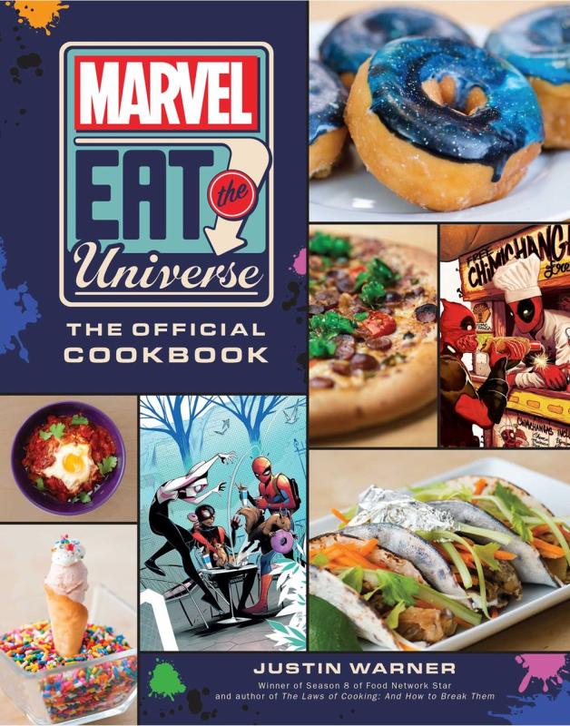 photos of food around comic panels featuring food scenes with some Marvel characters and a panel with the Marvel logo and info text