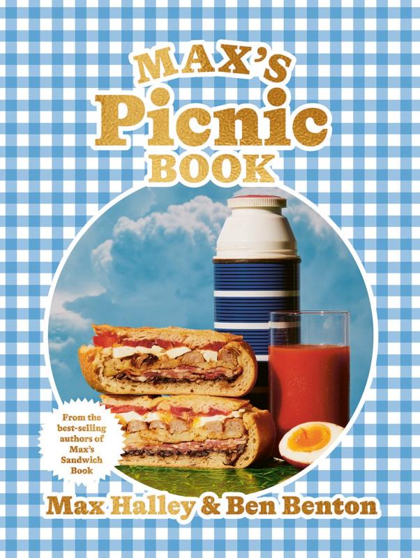 blue and white gingham background with a central circle containing a sandwich, a thermos, a glass, and an egg