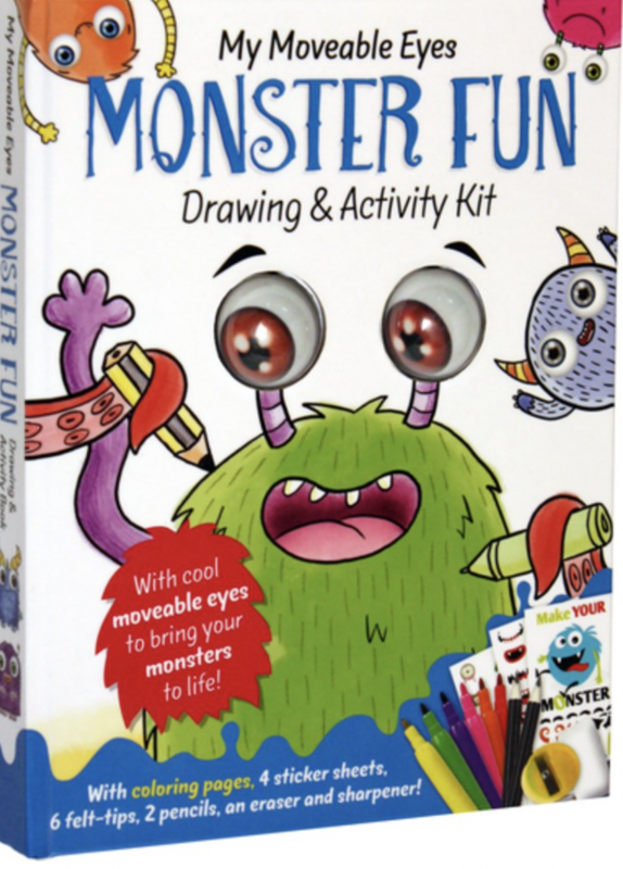 Examples of the monsters kids can draw, including a green shaggy monster with moveable eyes.