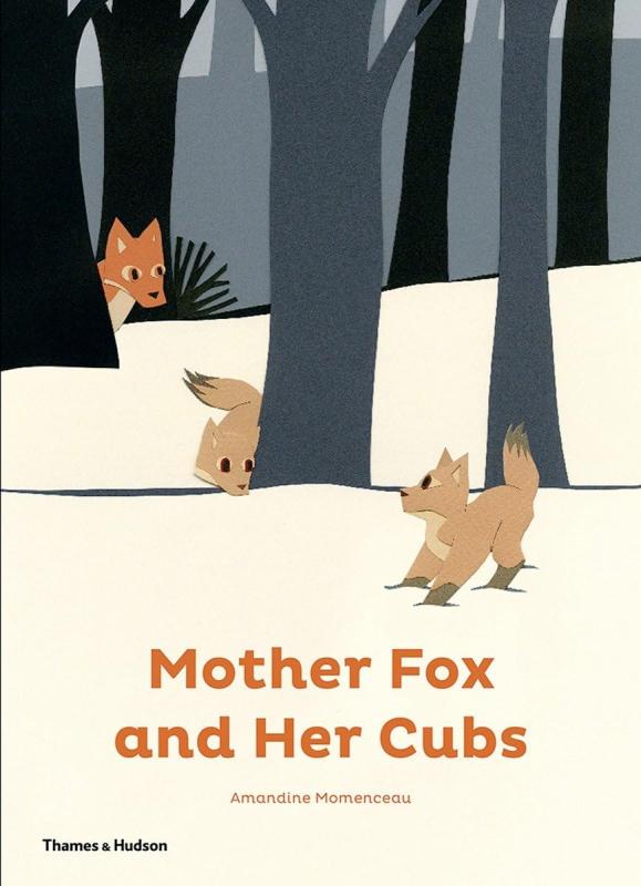 snowy forest with two fox cubs and the mother peeking from behind a tree trunk