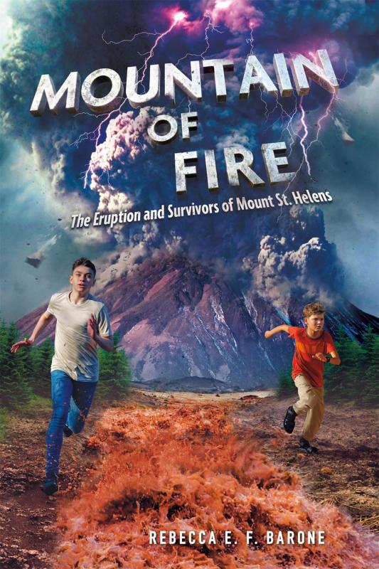 two kids run away from an exploding Mt. Saint Helens, smoke plume in the air